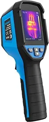 A blue and black thermal camera is shown on a white background.