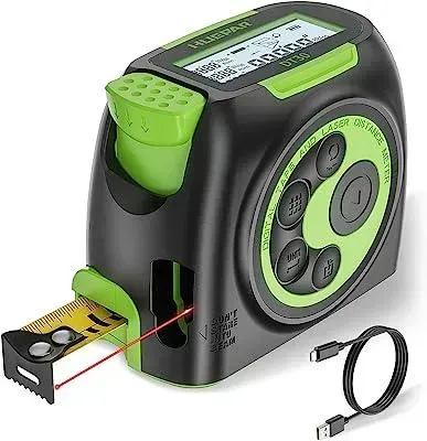 A black and green tape measure with a cord attached to it.