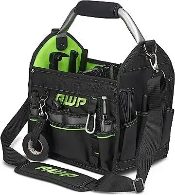 A black and green tool bag with a handle and a shoulder strap.