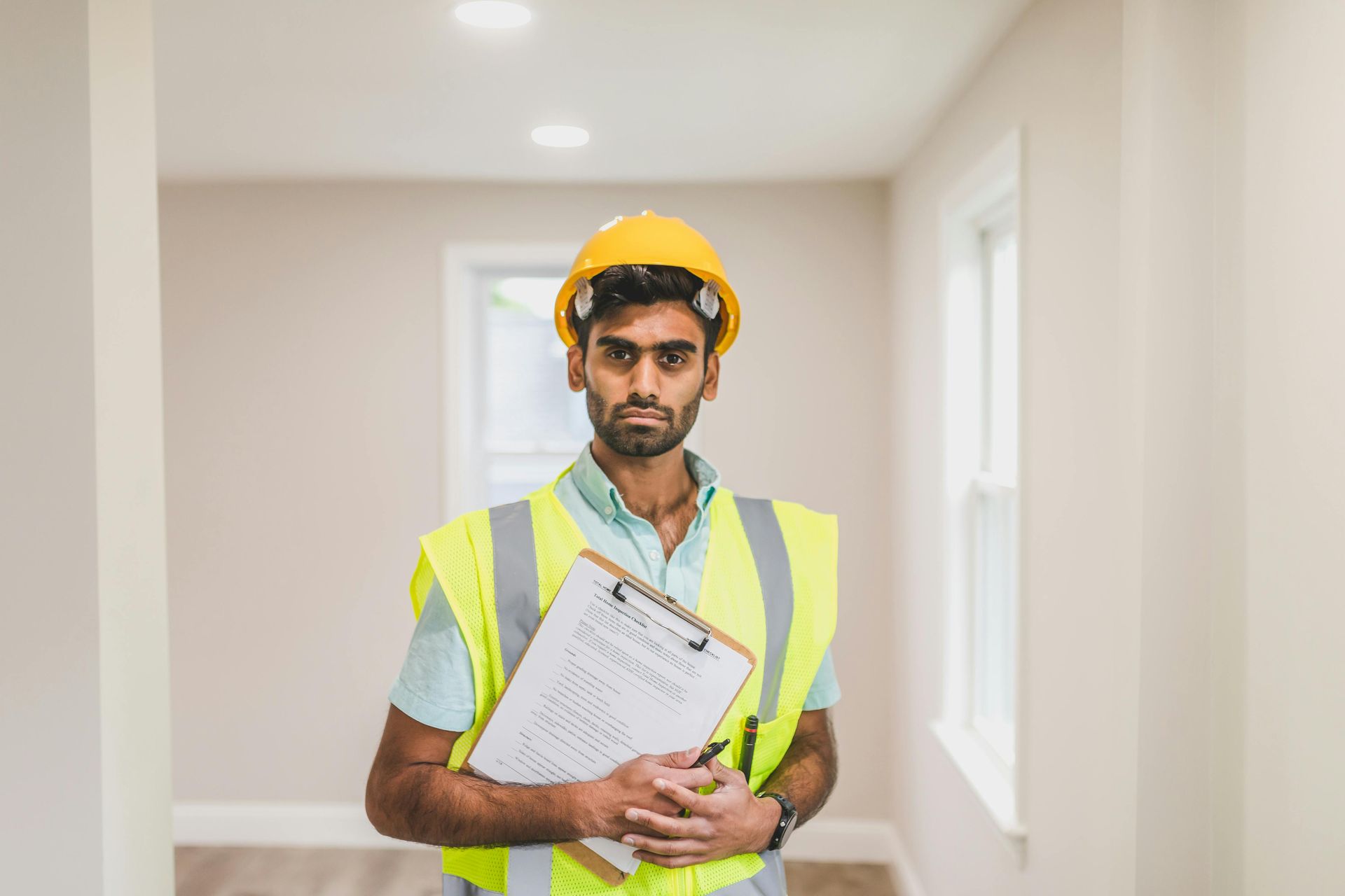 A man wearing a hard hat and safety vest is holding a clipboard.