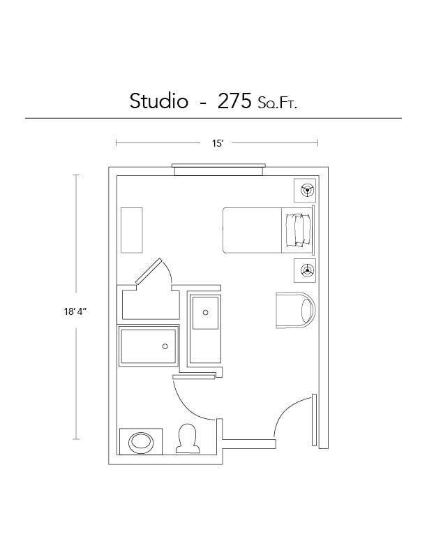 A black and white floor plan of a studio apartment.