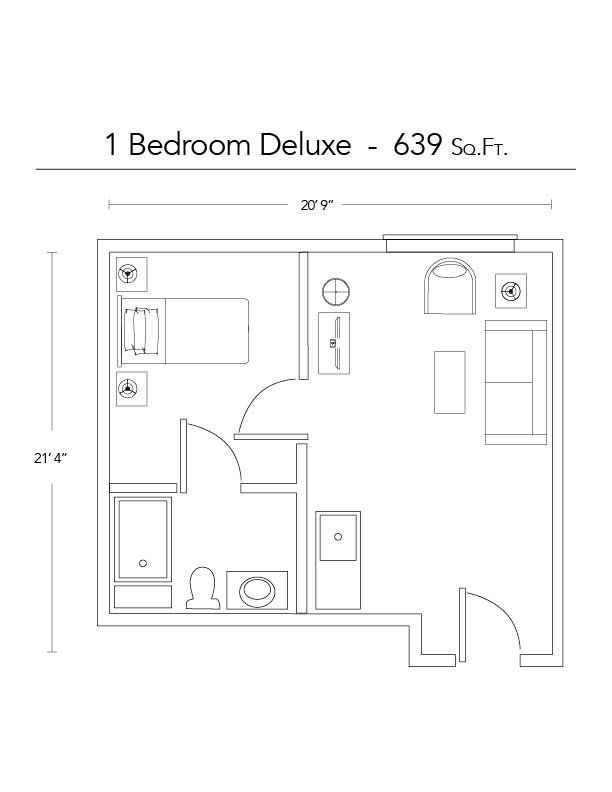 A black and white floor plan of a bedroom deluxe apartment.