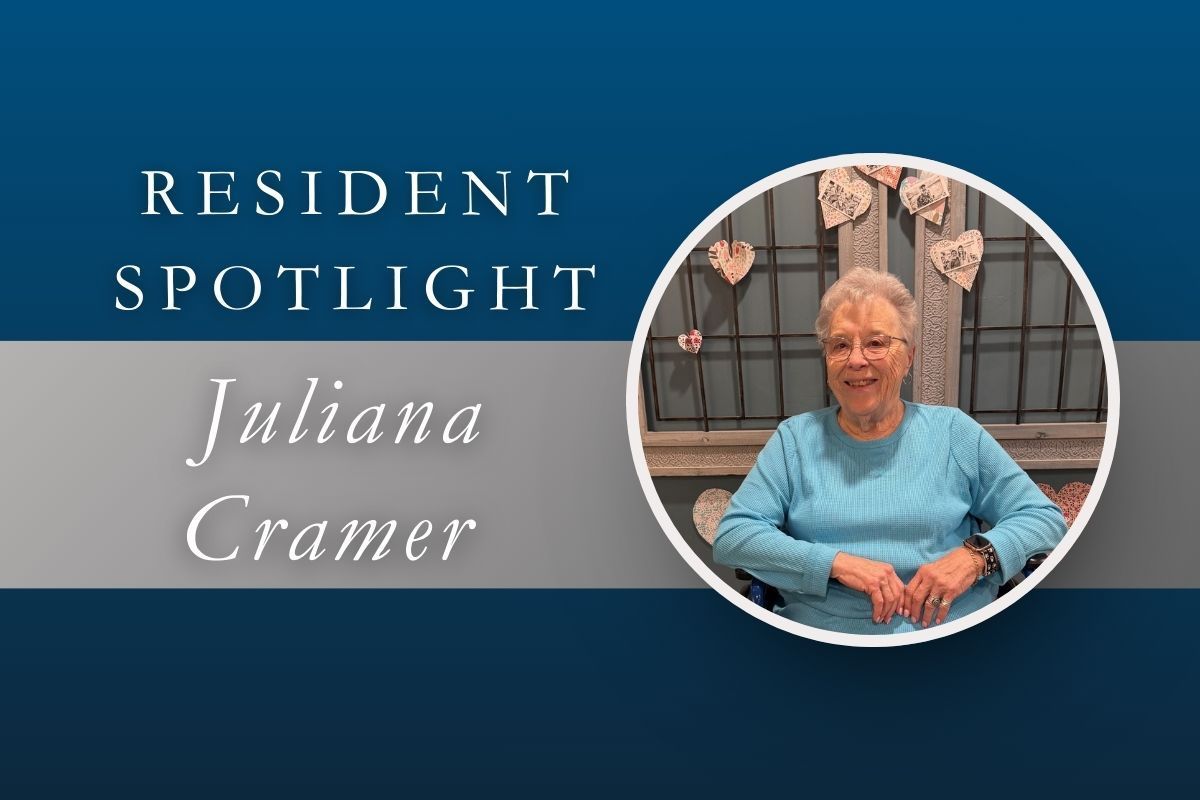 A Resident Spotlight graphic featuring Juliana Cramer, shown in a circular photo wearing a blue top against a dark blue background.