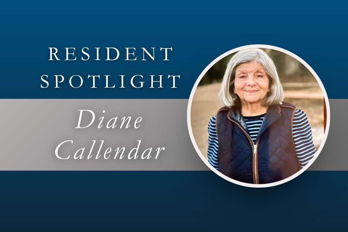 Resident spotlight: Diane Callendar, with a photo of a woman in a blue vest. Text over a blue background.