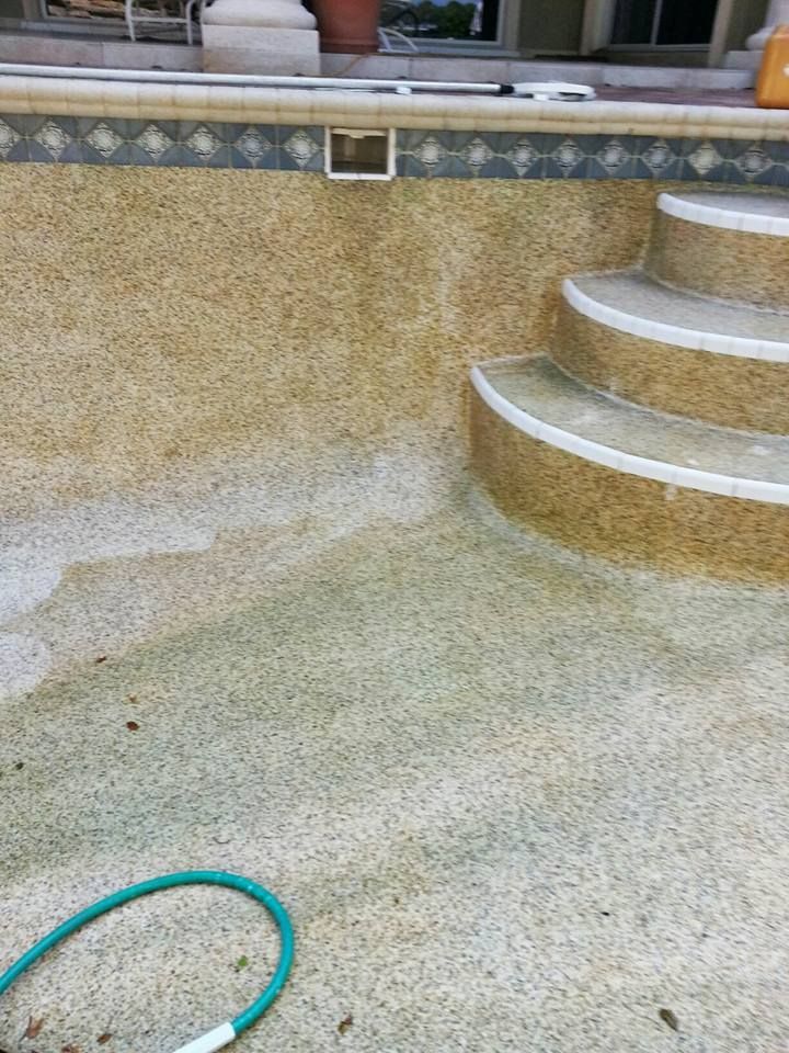 Empty pool with a textured, light-colored surface, built-in steps, and a dark patterned tile border. 