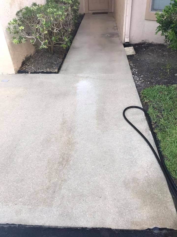 Concrete walkway leading to a doorway, with landscaping on either side. A black hose is coiled on the right.