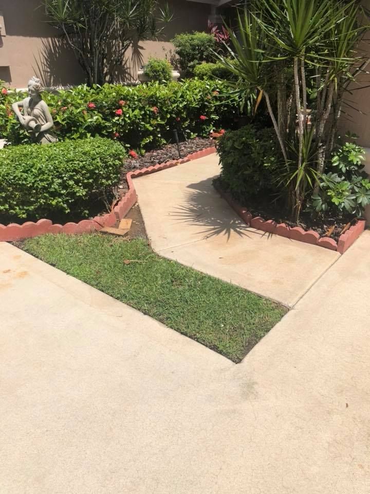 Concrete path leading into a garden with green bushes, red flowers, and a statue. Grass borders the path.