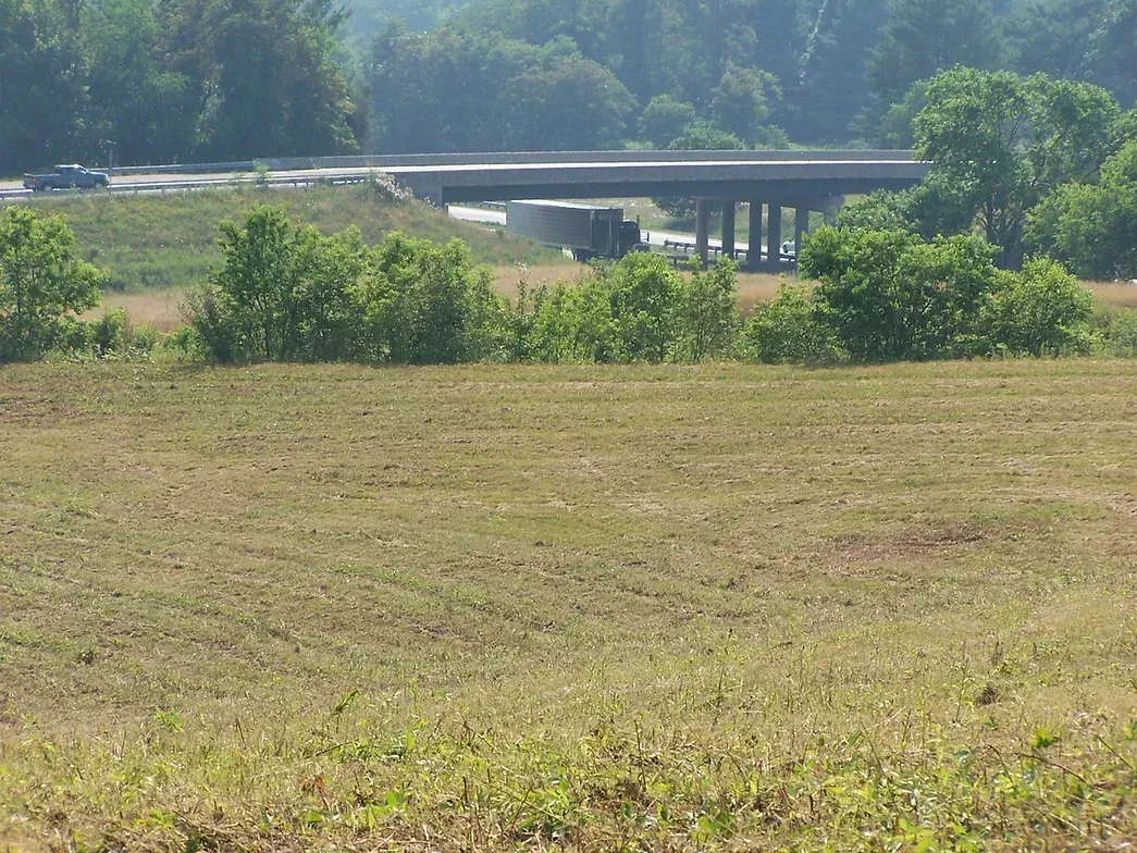 A bridge over a field with trees in the background