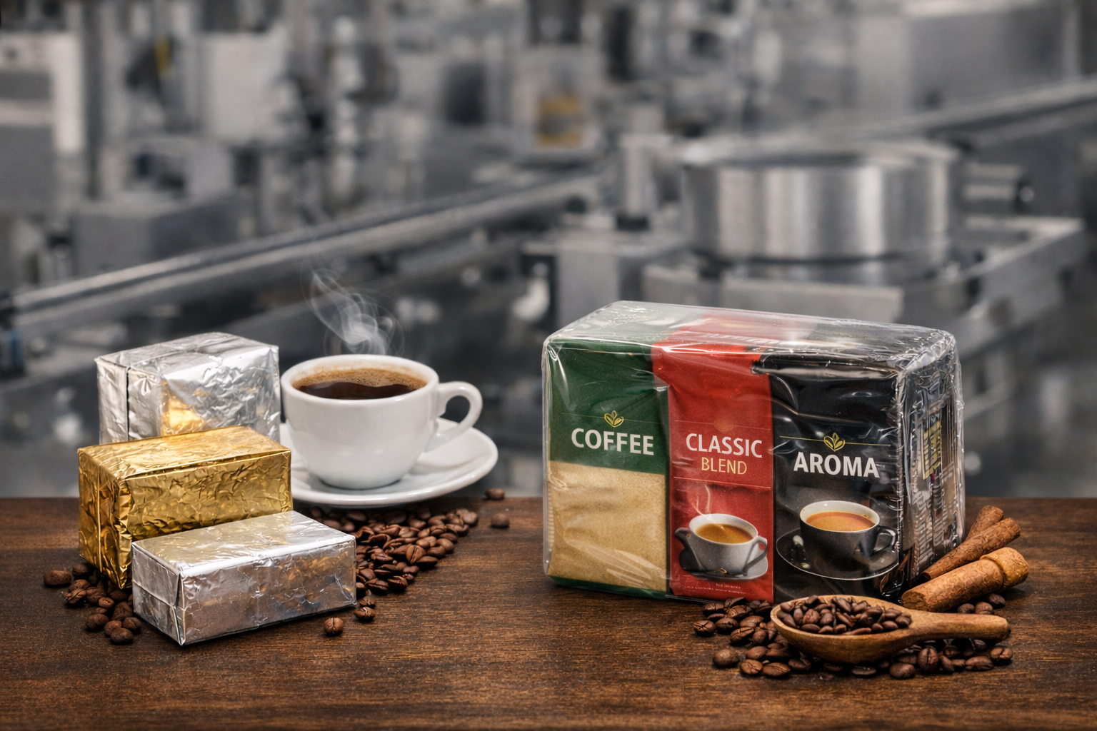 Produtos de café embalados, incluindo cápsulas e packs promocionais, preparados para acondicionamento secundário.