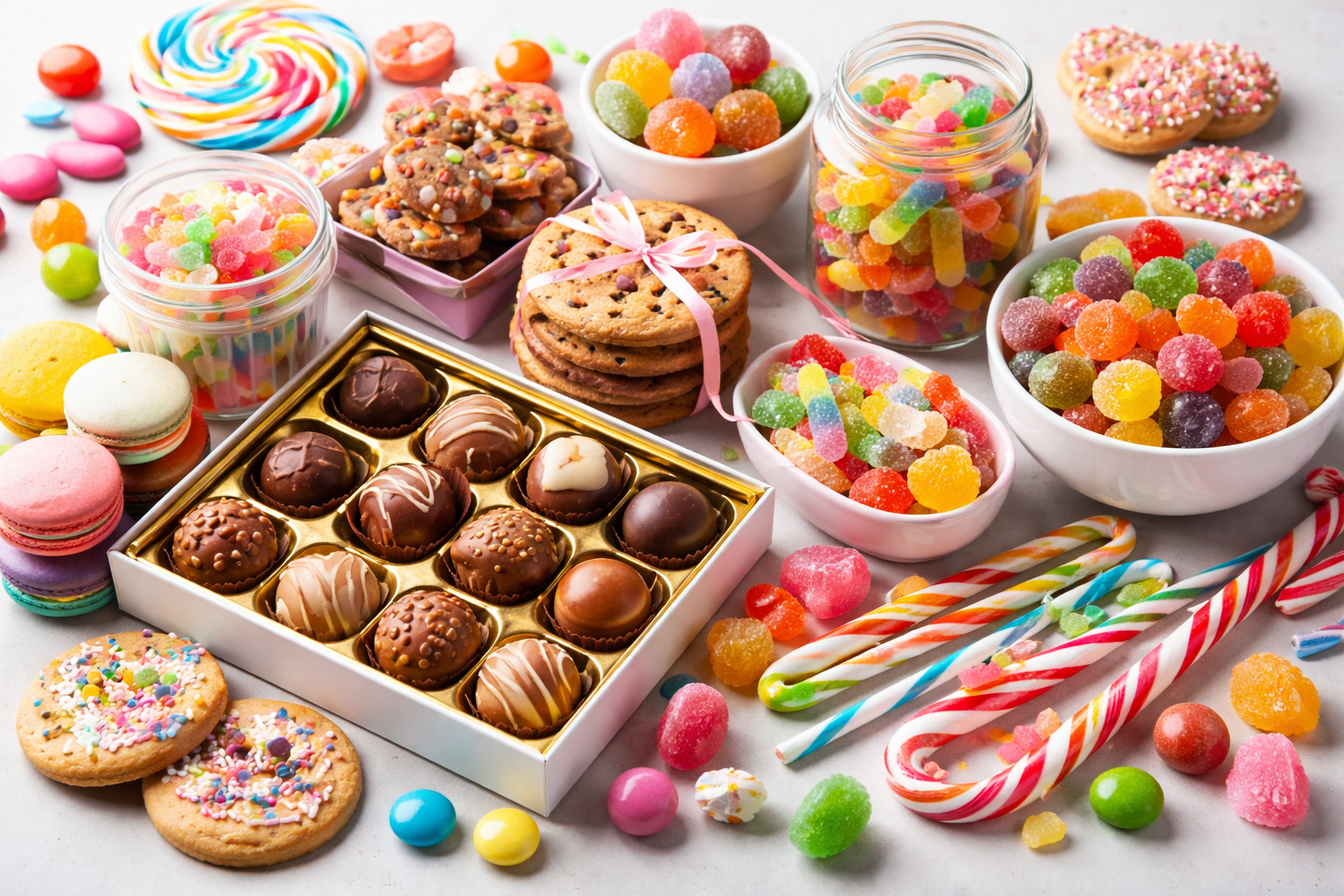 Produtos de confeitaria preparados para processos de overwrapping, encartonamento e encaixotamento.