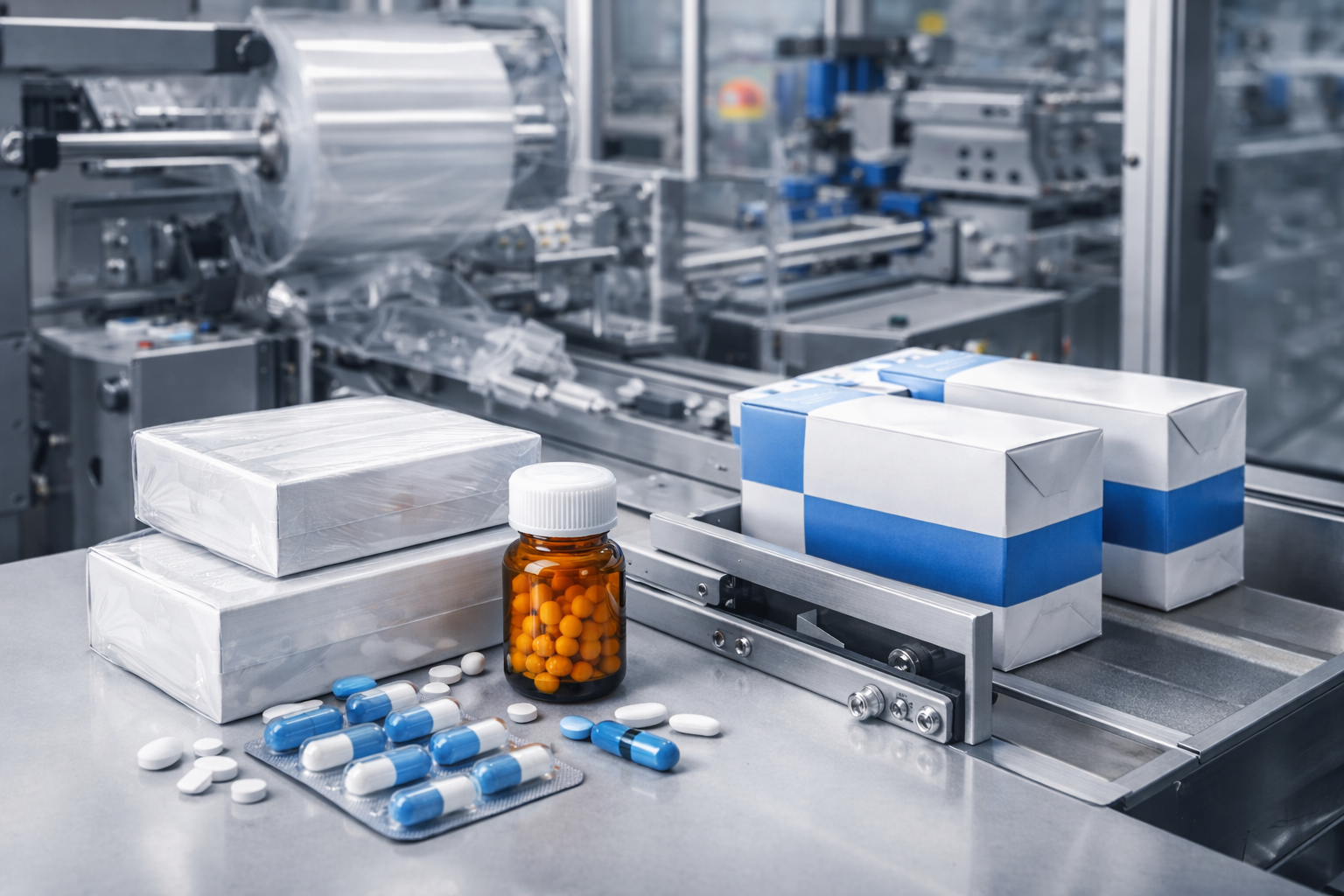 Produtos farmacêuticos preparados para processos de overwrapping e encaixotamento em ambientes regulados.