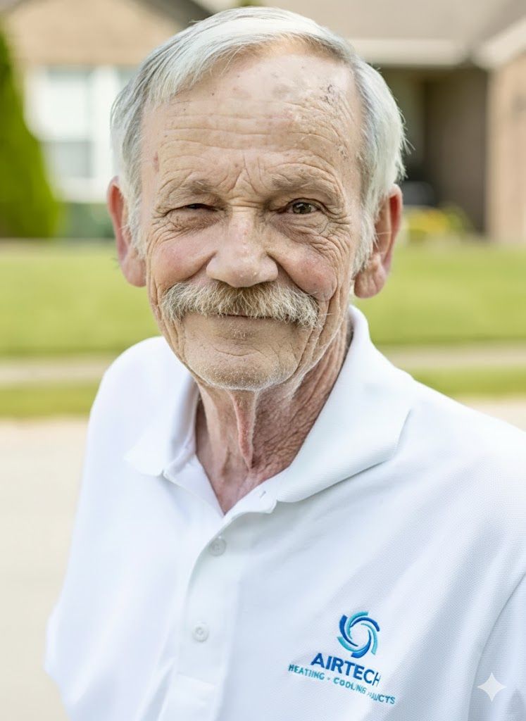 Older man with a mustache smiles, wearing a white polo shirt with a company logo, outdoors.