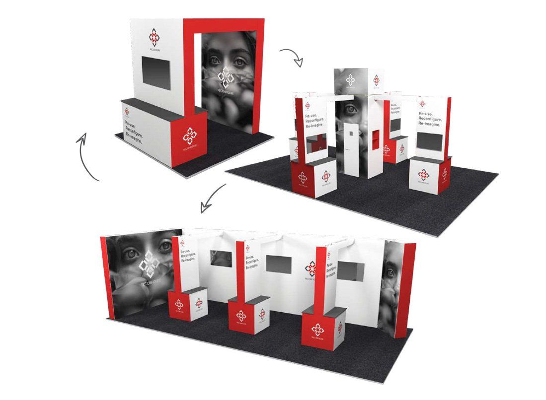 A modular exhibition stand showing different reconfigurations