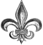 A black and white drawing of a fleur de lis on a white background.