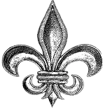 A black and white drawing of a fleur de lis on a white background.