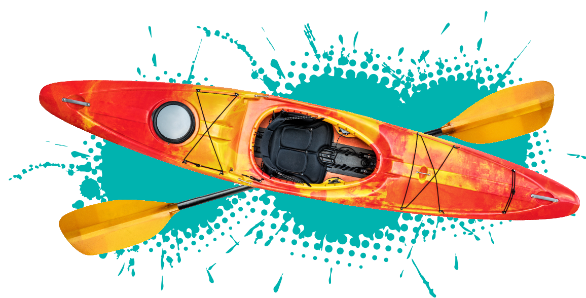 A red and yellow kayak with yellow paddles on a blue background.