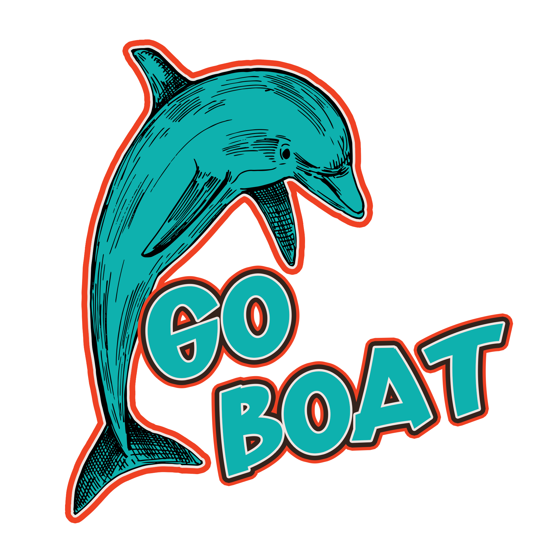 A dolphin jumping out of the water with the words go boat below it