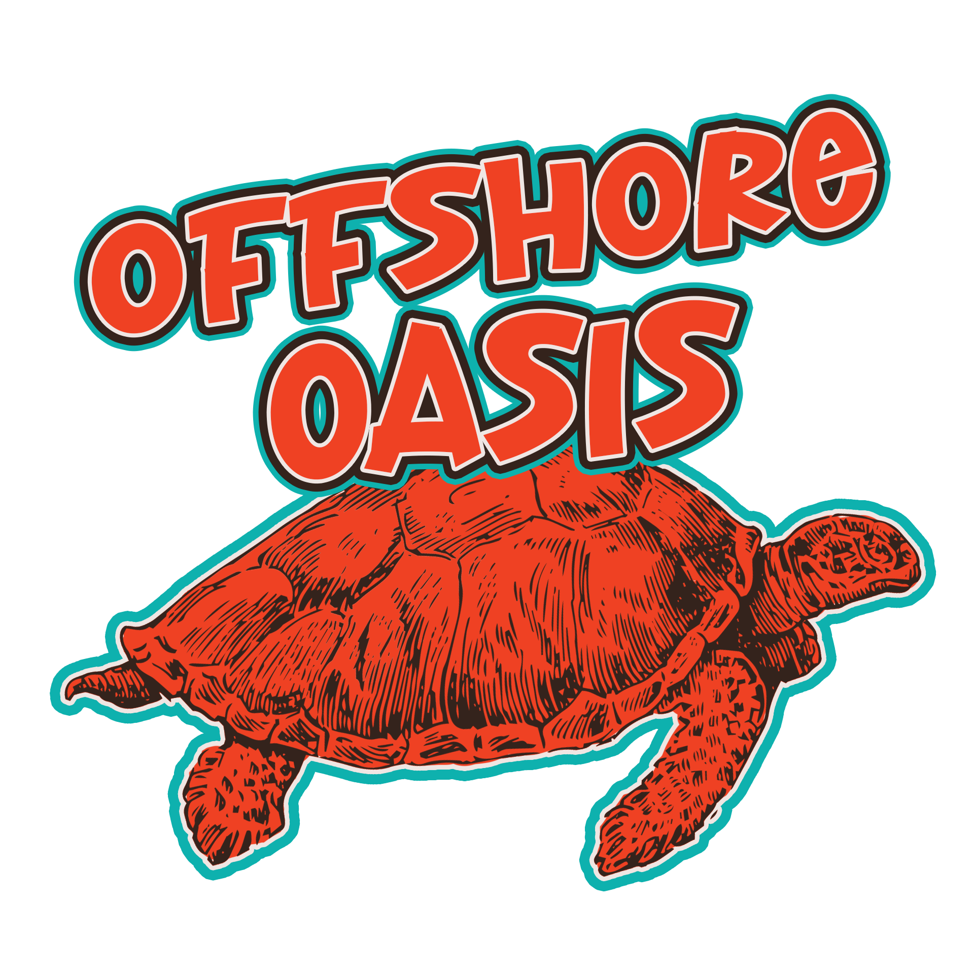 A logo for offshore oasis with a red turtle