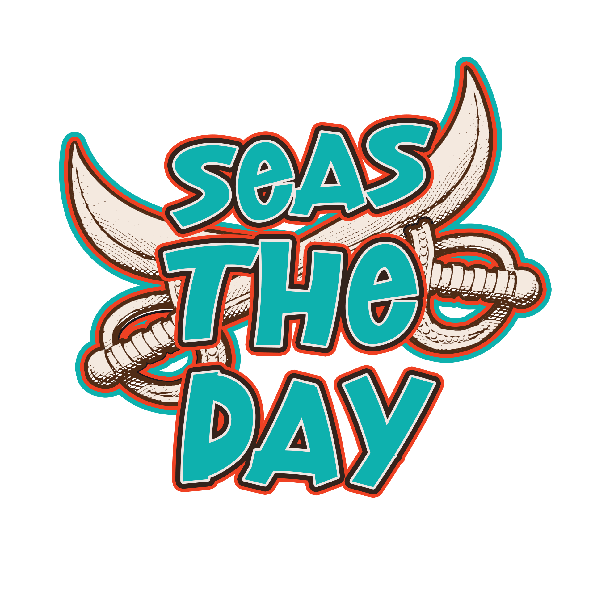 A logo for seas the day with a bull 's horns and swords.