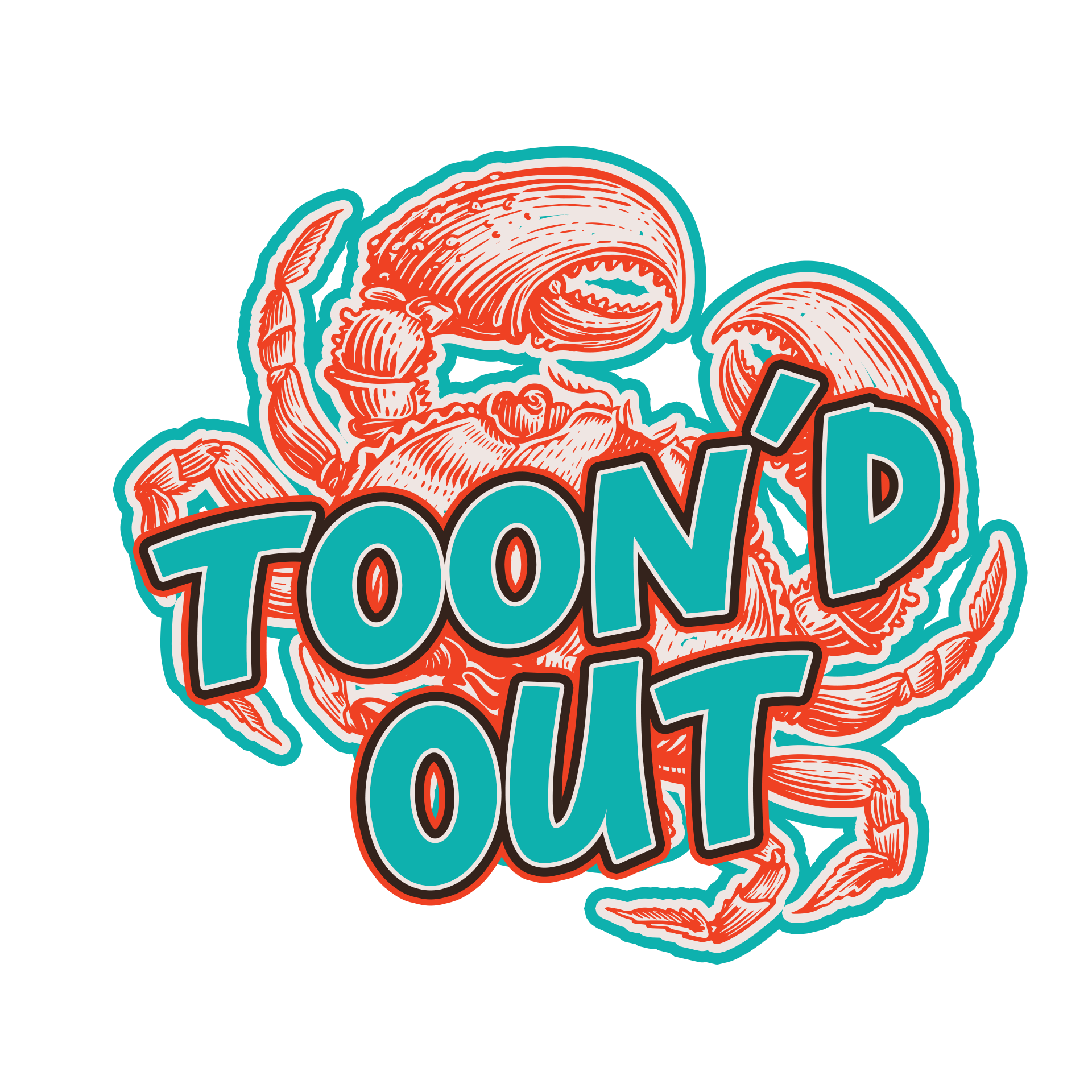 A logo for a restaurant called toon 'd out with a crab on it.
