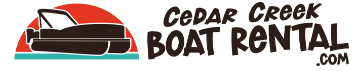 The logo for cedar creek boat rental shows a boat on the water.