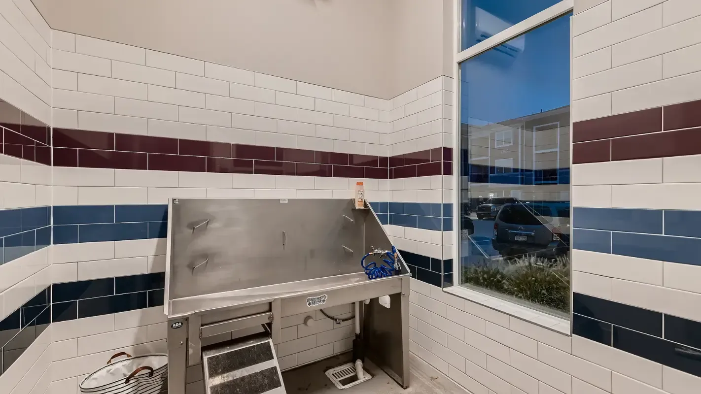 Indoor community grilling station with a stainless steel grill against white, blue, and maroon tiled walls.