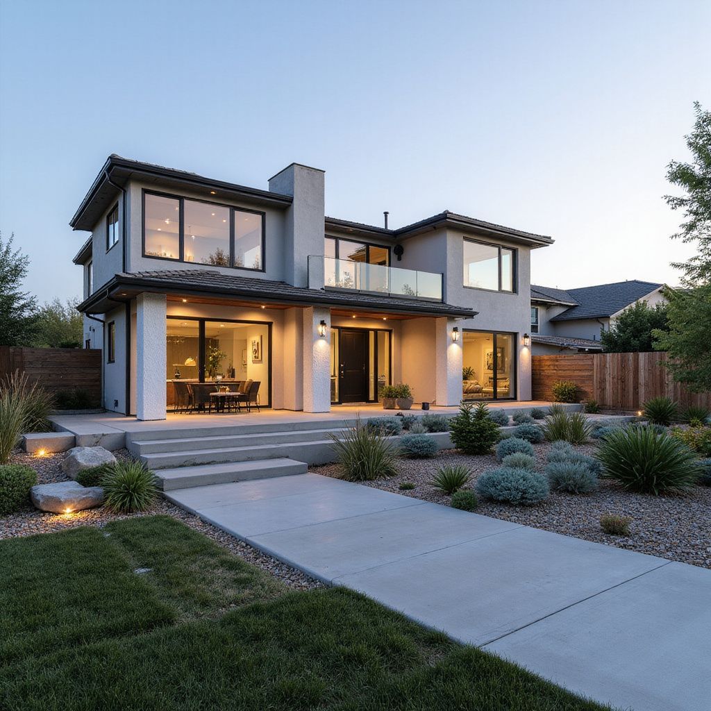 Modern two-story house with gray stucco exterior, large windows, and landscaped yard.