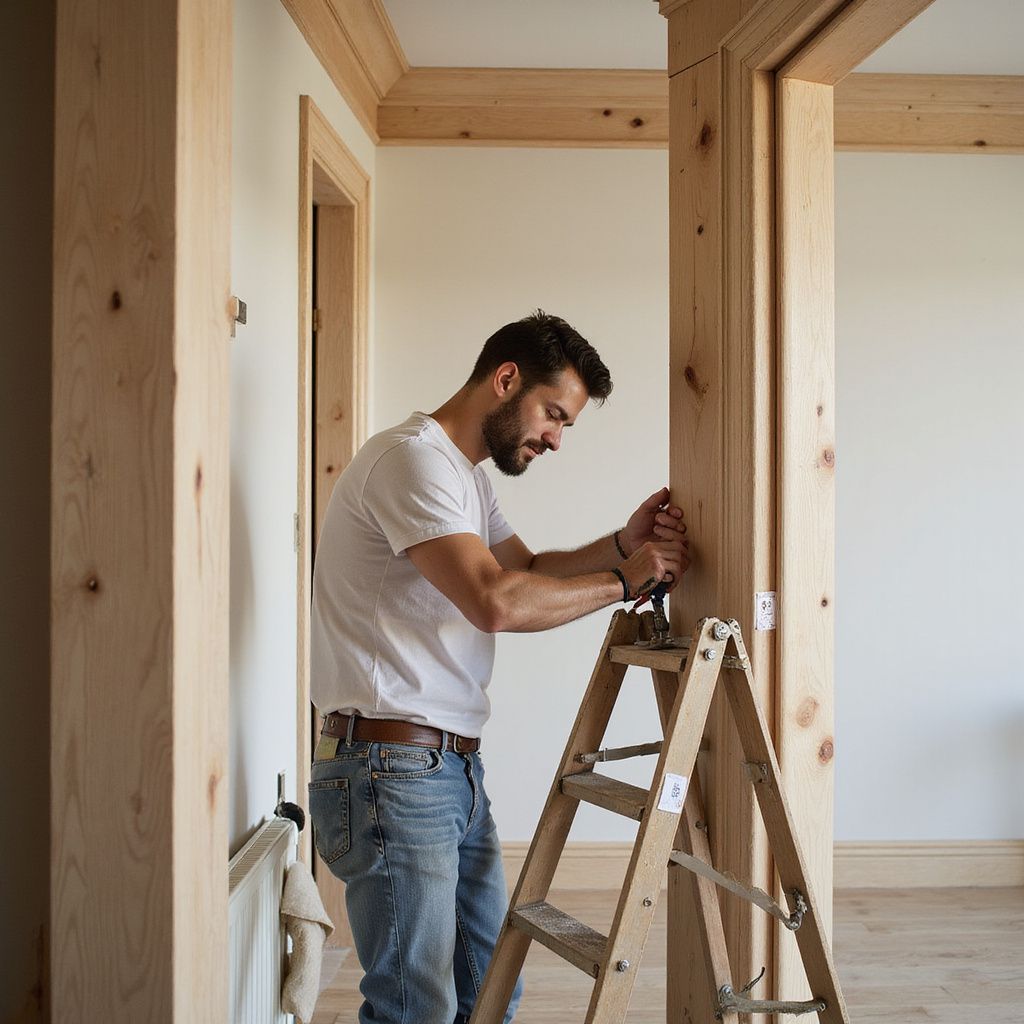Man on a ladder using tools to work on wooden door frame in a room.