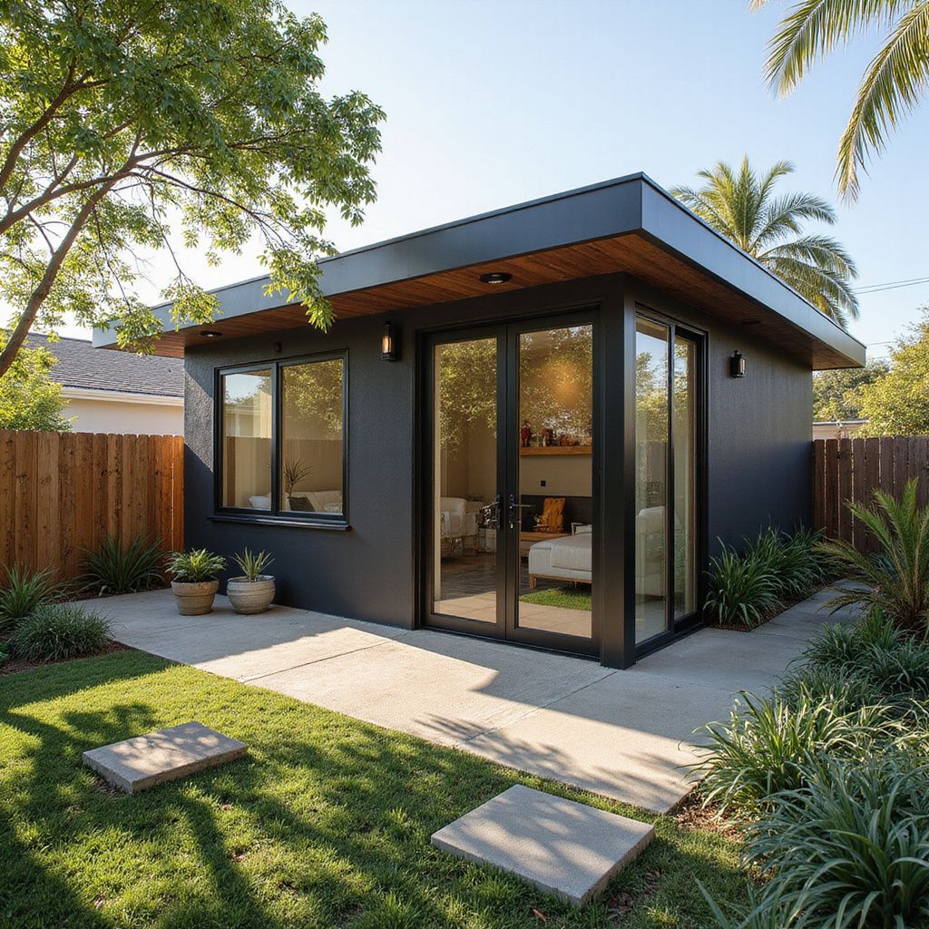 Modern backyard office with dark gray exterior, large windows, and a concrete patio.