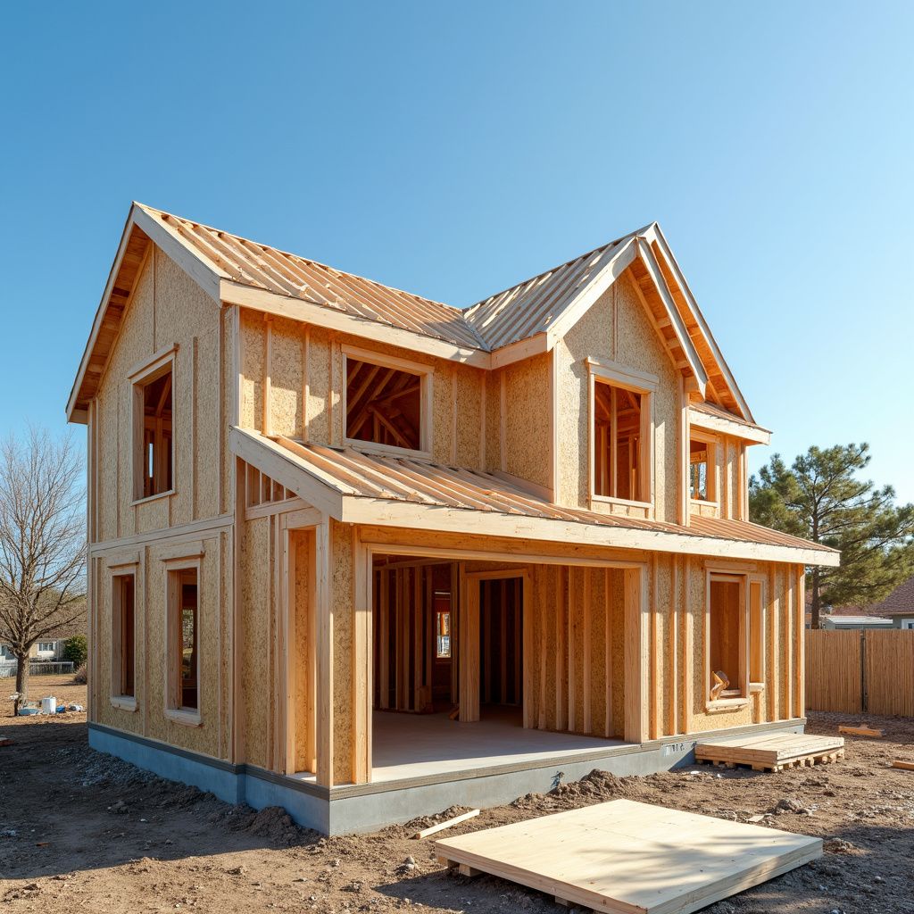 Two-story house under construction with exposed wooden frame against a blue sky.