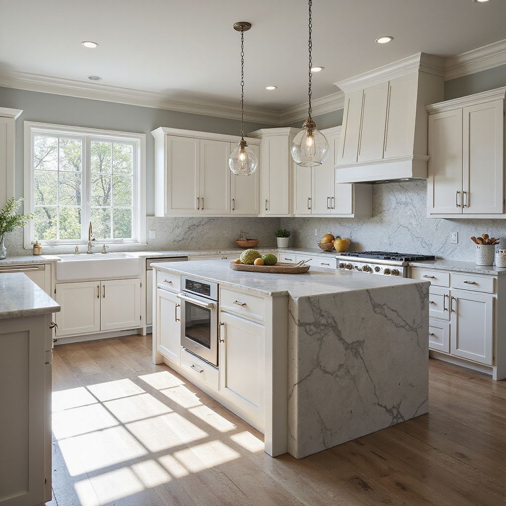 Bright white kitchen with a large island, stainless steel appliances, and wooden floors.