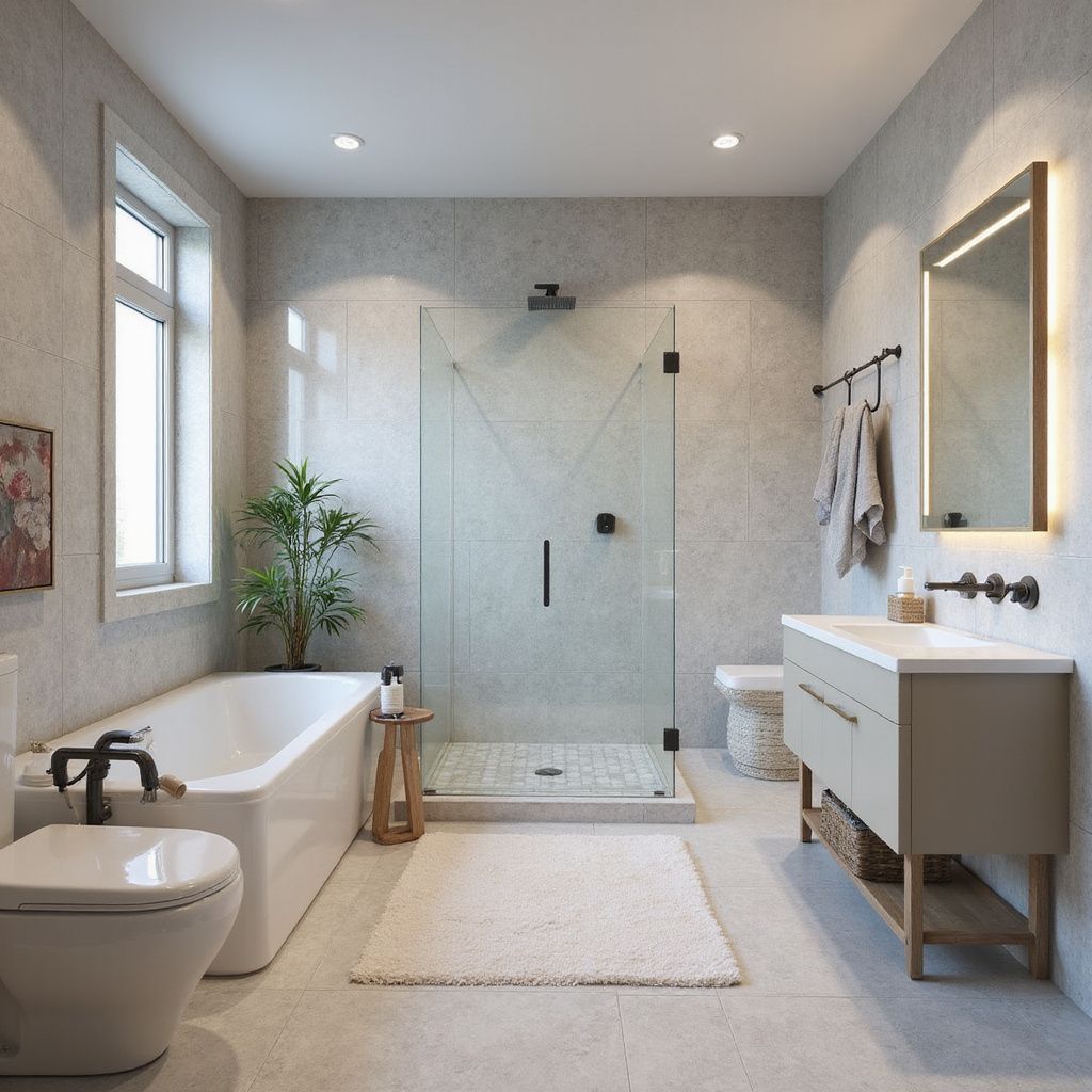 Modern bathroom with a bathtub, shower, toilet, and vanity in neutral tones.