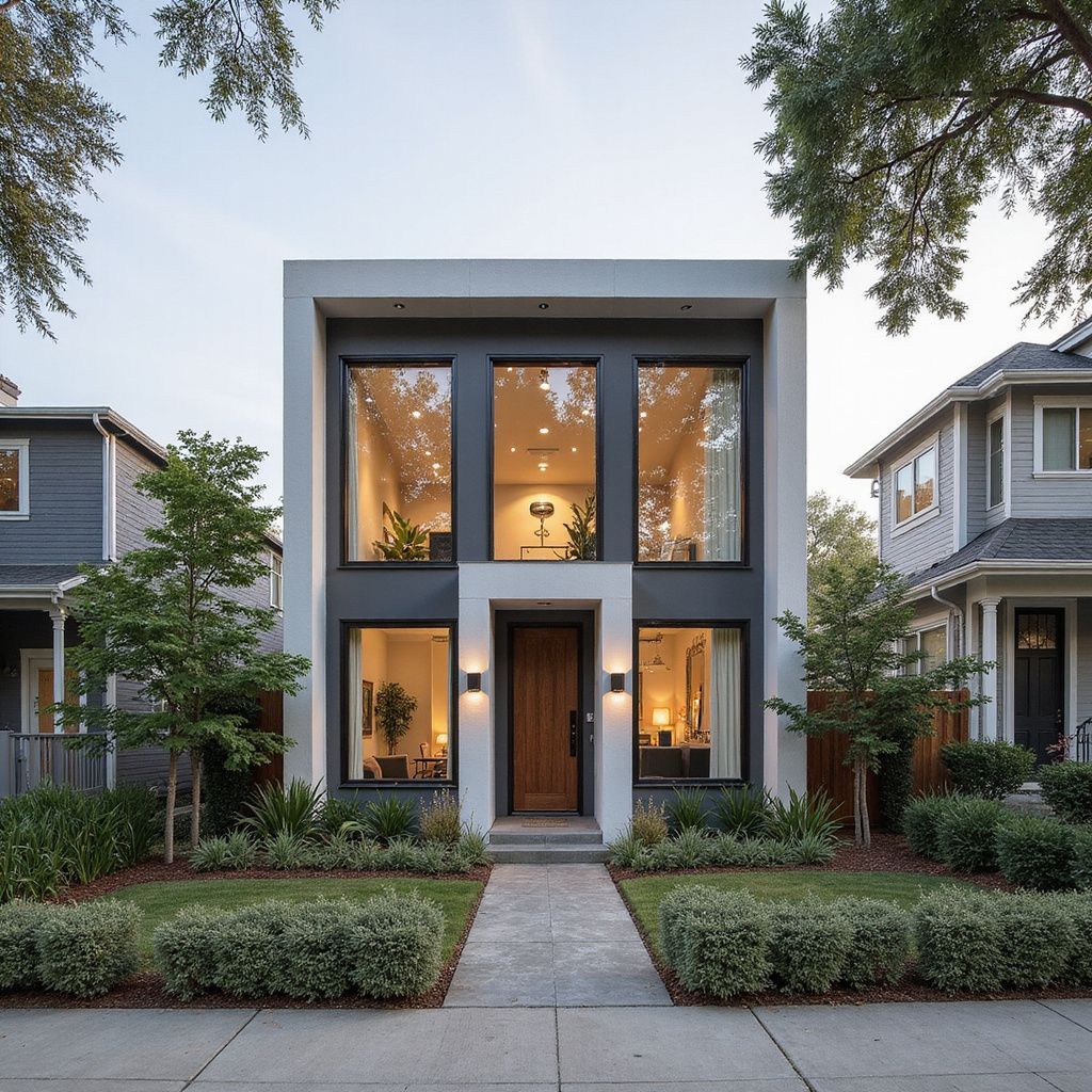 Modern two-story house with large windows, surrounded by landscaping and neighboring houses.
