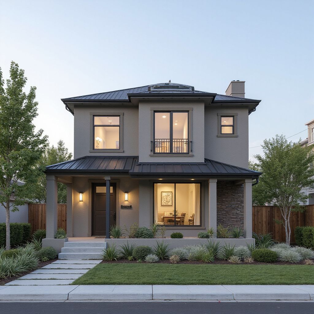 Two-story house with gray stucco, black roof, and manicured landscaping.