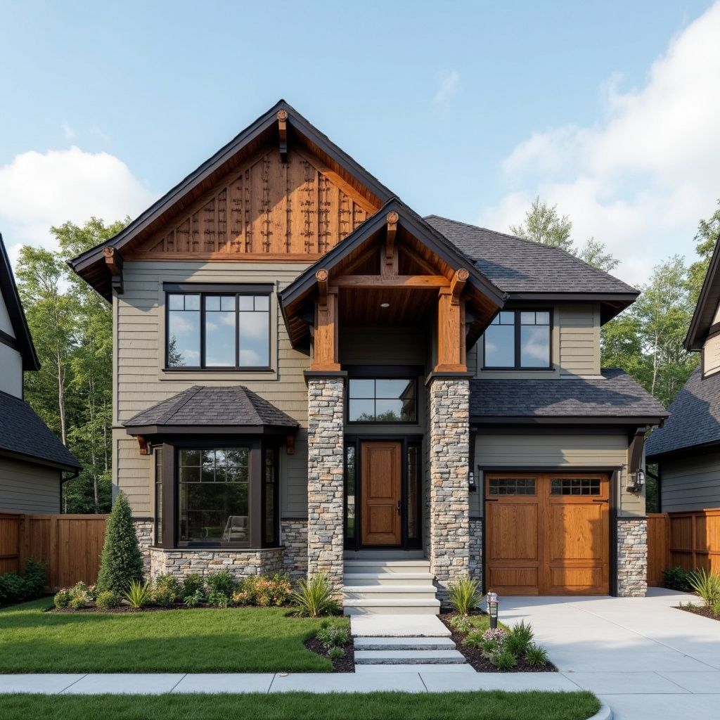 Two-story house with green siding, stone accents, and brown trim; features a covered entrance and attached garage.