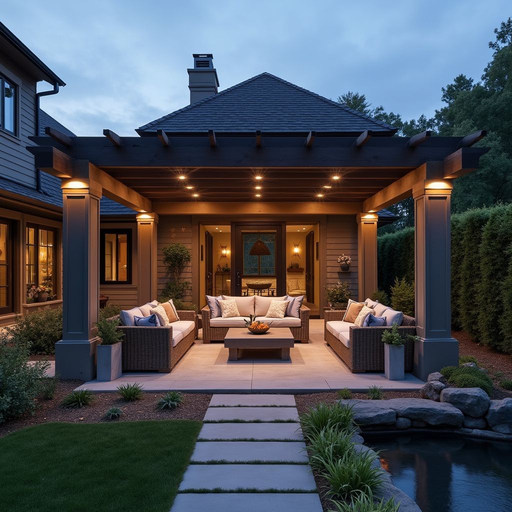 Outdoor seating area with pergola, couches, coffee table, and patio lighting.