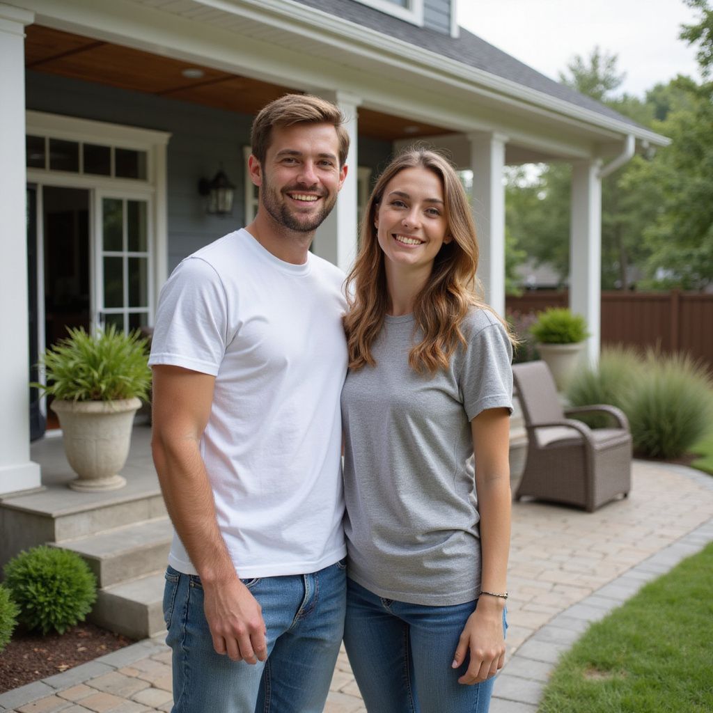 Couple smiling, standing in front of a house with stone patio, green lawn, and potted plants.