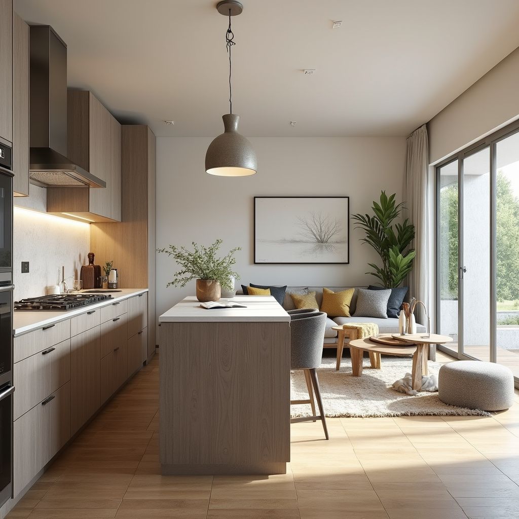 Modern kitchen and living space, with light wood cabinets, island, sofa, and sliding glass doors to a patio.