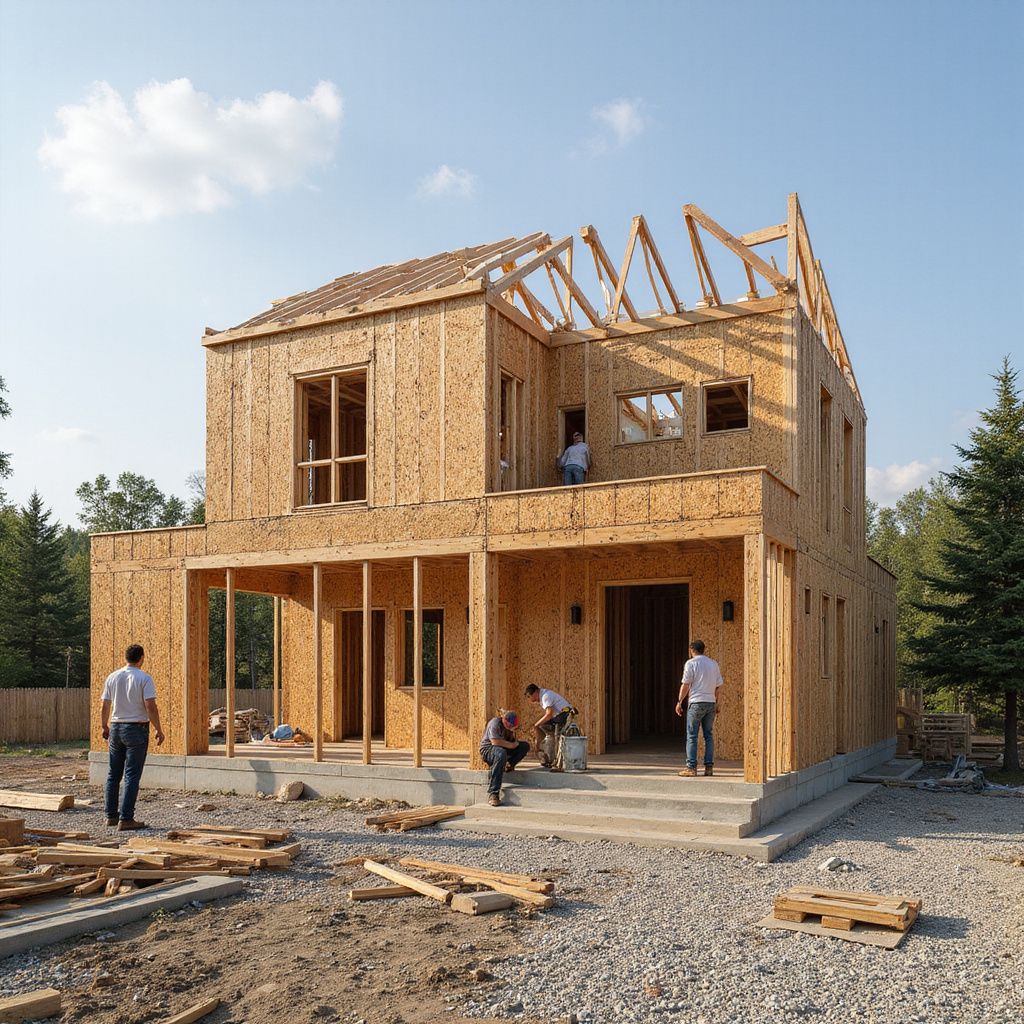 Construction of a two-story house, workers on site, framing completed, unfinished roof, sunny day.