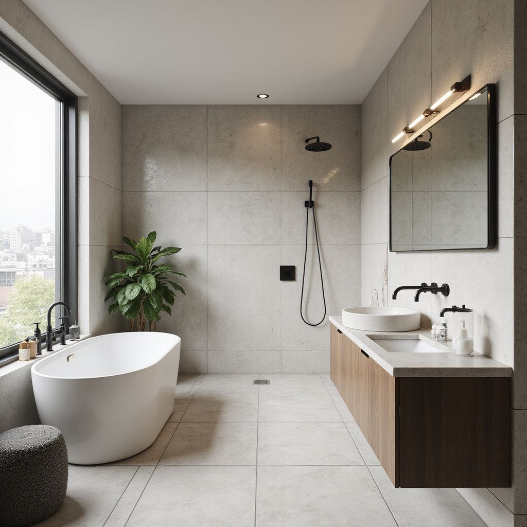 Modern bathroom with a bathtub, shower, and vanity. Gray walls, wood cabinet, and large window.