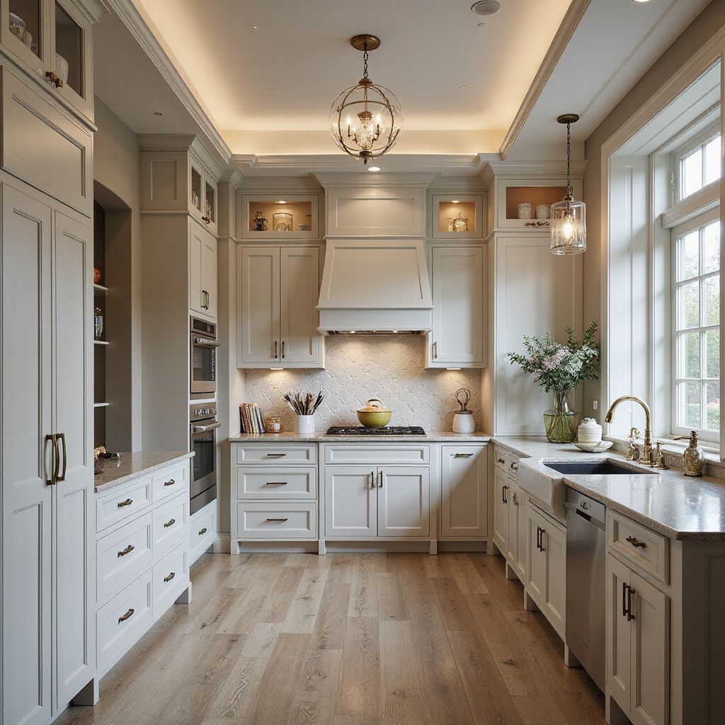 Elegant white kitchen with wood floors, cabinets, and countertops; stainless steel appliances.