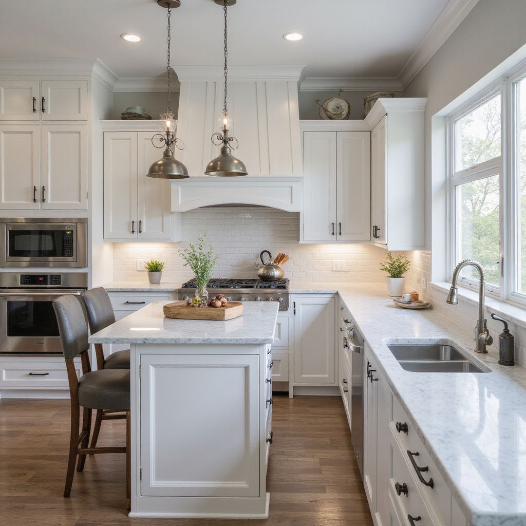 White kitchen with island, stainless steel appliances, and pendant lights.