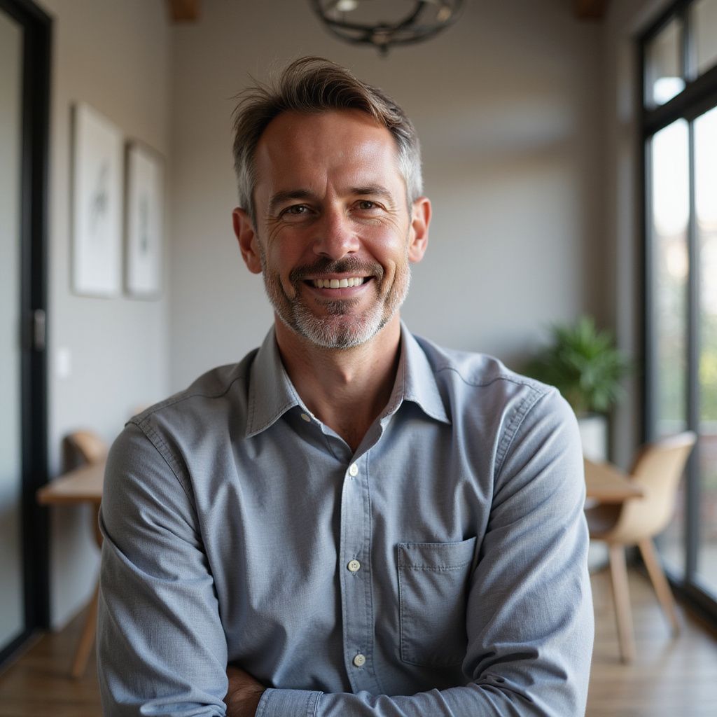 Man with graying hair, smiling with arms crossed in a bright room with artwork and windows.