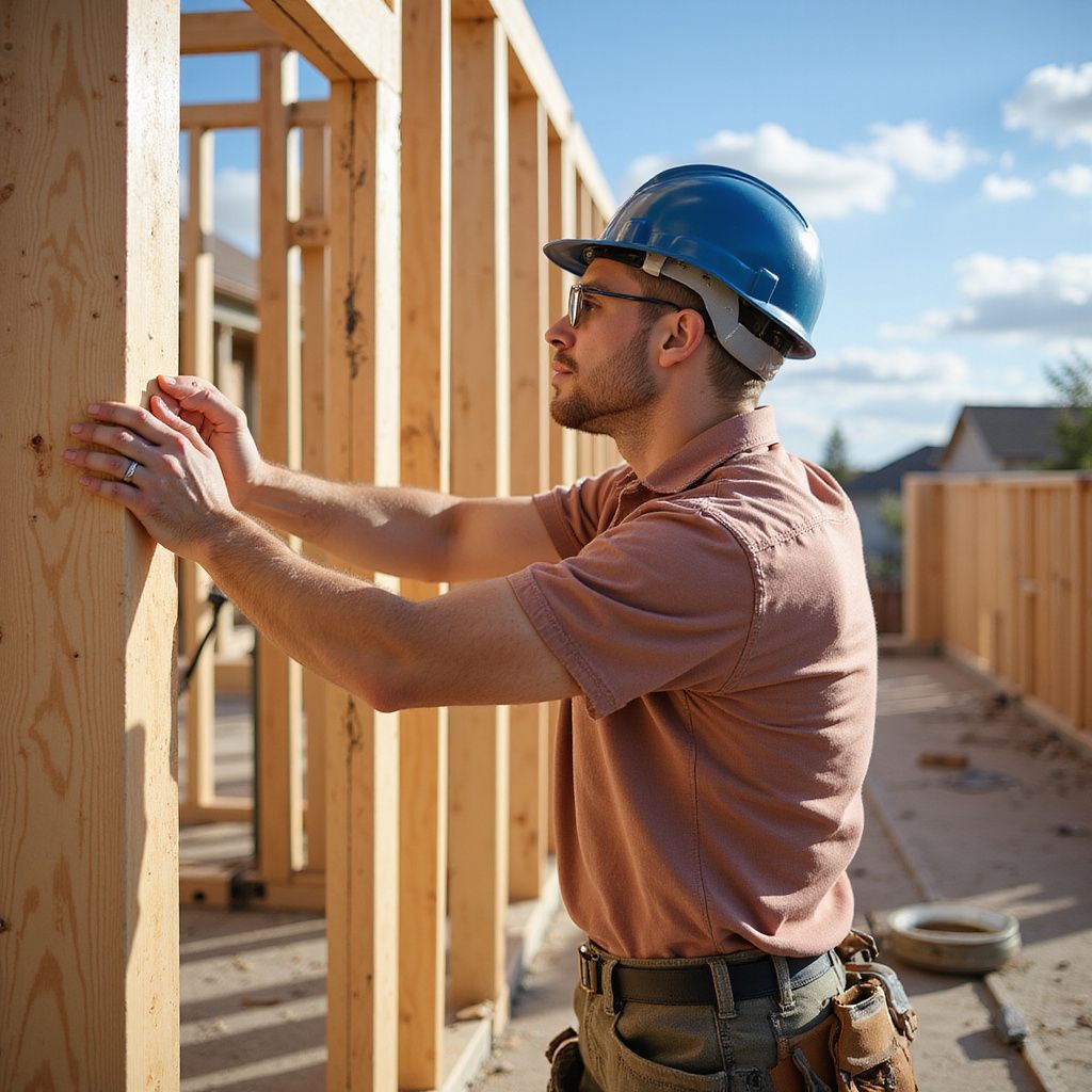 Carpenter in a blue hard hat, working on wooden wall framing.