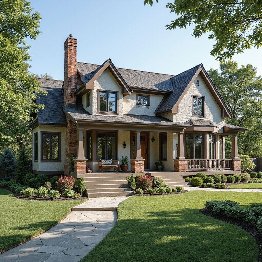 Two-story house with tan siding, brown trim, brick chimney, and porch, surrounded by a green lawn and trees.
