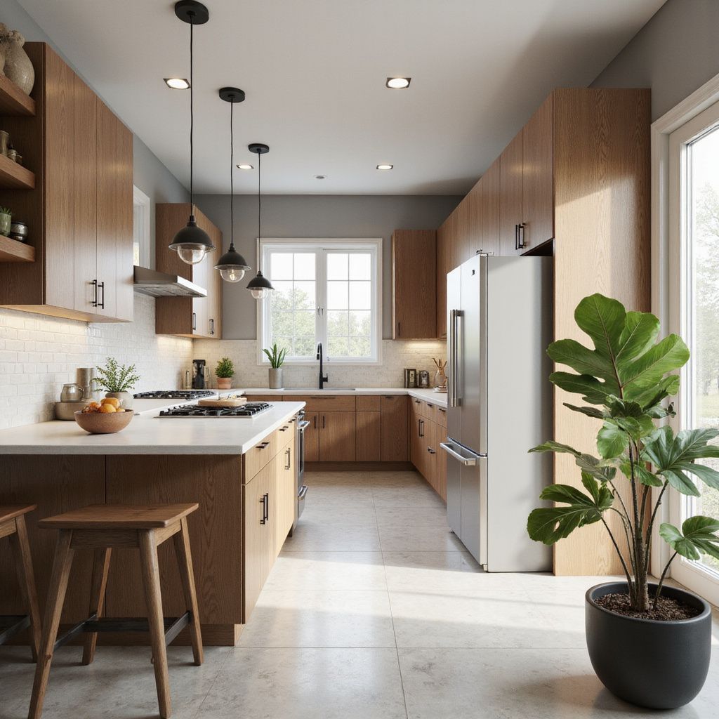 Modern kitchen with wooden cabinets, stainless steel appliances, and a large plant.