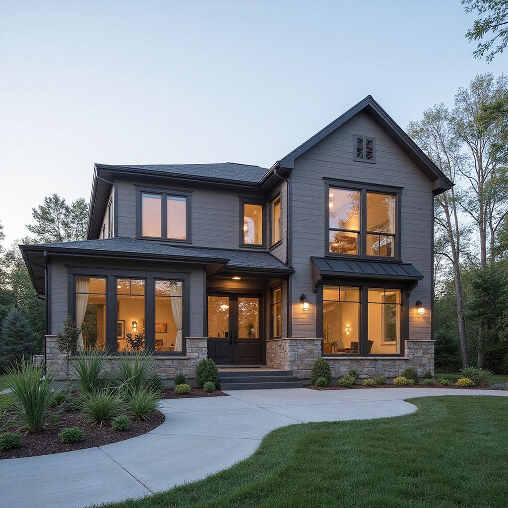 Two-story gray house with stone accents, large windows, and a curved driveway on a green lawn.
