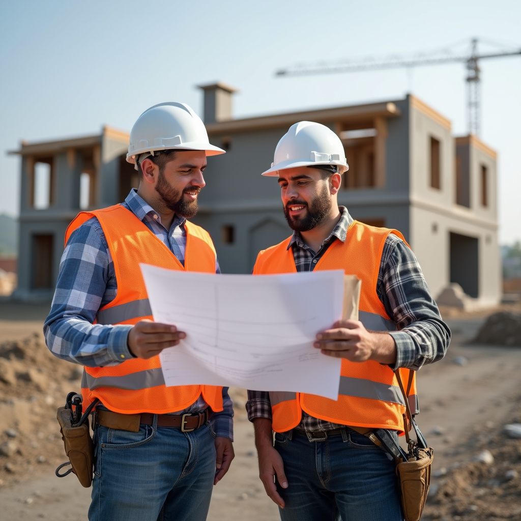 Two construction workers in vests and hard hats reviewing blueprints at a construction site.