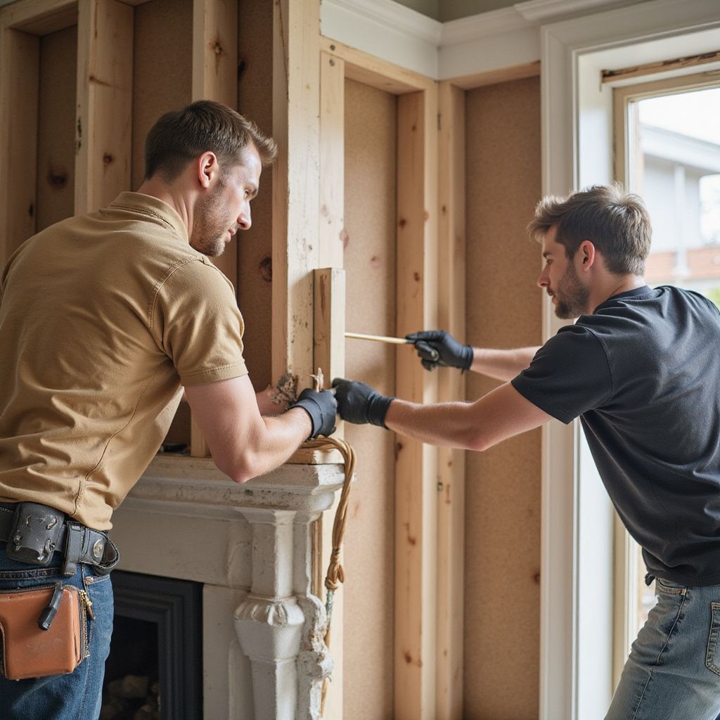 Two people measure a fireplace during construction, wearing gloves.