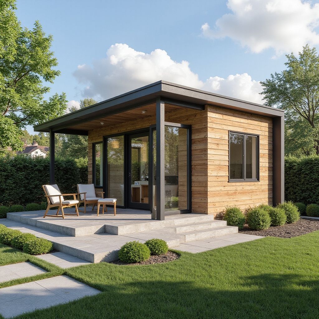 Modern wooden backyard studio with porch, glass doors, and seating on a concrete patio.